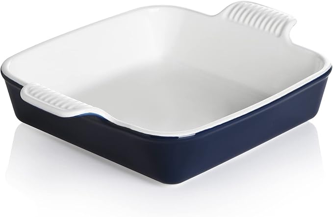 Sweejar Ceramic Baking Dish, 9 x 9 Cake Baking Pan for Brownie, Porcelain Square Bakeware with Double Handle for Casserole, Lasagna, Family Dinner (Navy)