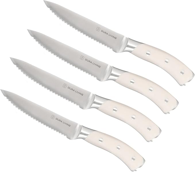 4-Piece Serrated Kitchen Steak Knife Set – Forged High Carbon Stainless Steel, Ultra Sharp, Ergonomic Black Handles, Durable Dinner Knives, Cream Handle