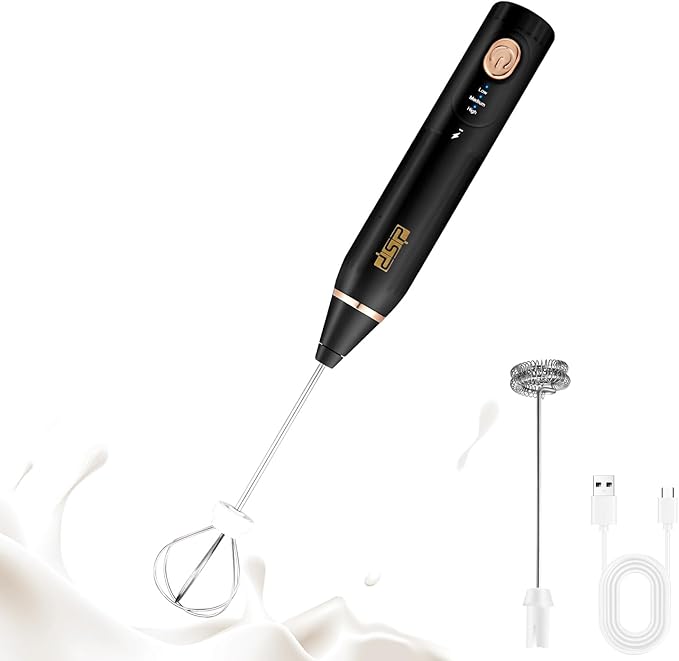 DSP Electric Whisk Rechargeable with Egg whisk milk frothing bar, 3 Speed Adjustable, Milk Frother Handheld for Latte, Cappuccino (Black)