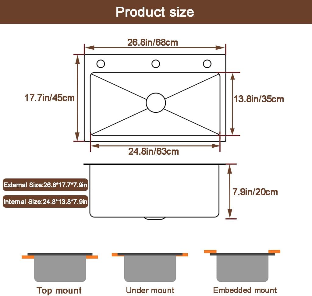 Black Drop in Kitchen Sink, Stainless Steel Single Bowl Sink with 3 Holes, Topmount Workstation Sink, Farmhouse Rectangle Basin with Multiple Accessories (26.8 * 17.7 * 7.9in)
