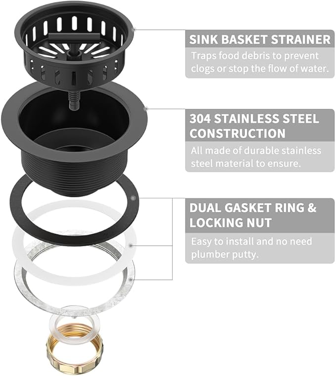 KONE Black Kitchen Sink Drain Matte Black Sink Strainer 3-1/2 Inch Drain Assembly Kit Replacement for Universal 3.5 Inch Kitchen Sink, All Stainless Steel Body with Strainer Basket and Drain Stopper