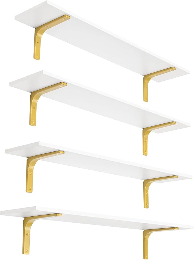DINZI LVJ Long Wall Shelves, 39.4" Wall Mounted Shelves Set of 4, Large Floating Shelves for Wall with Metal Brackets, for Living Room, Bathroom, Bedroom, Kitchen, White and Gold