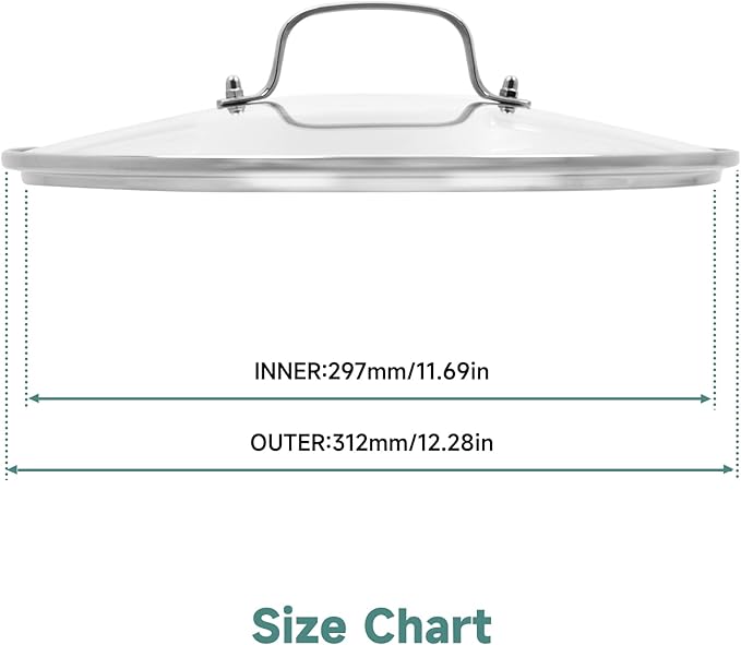 12 IN Glass Lid with Stainless Steel Handle for Frying Pan, Tempered Replacement Cover Compatible for Skillets, Round Cast Iron, Cast Aluminium, Stainless Steel Pans & Pots (297mm-312mm)