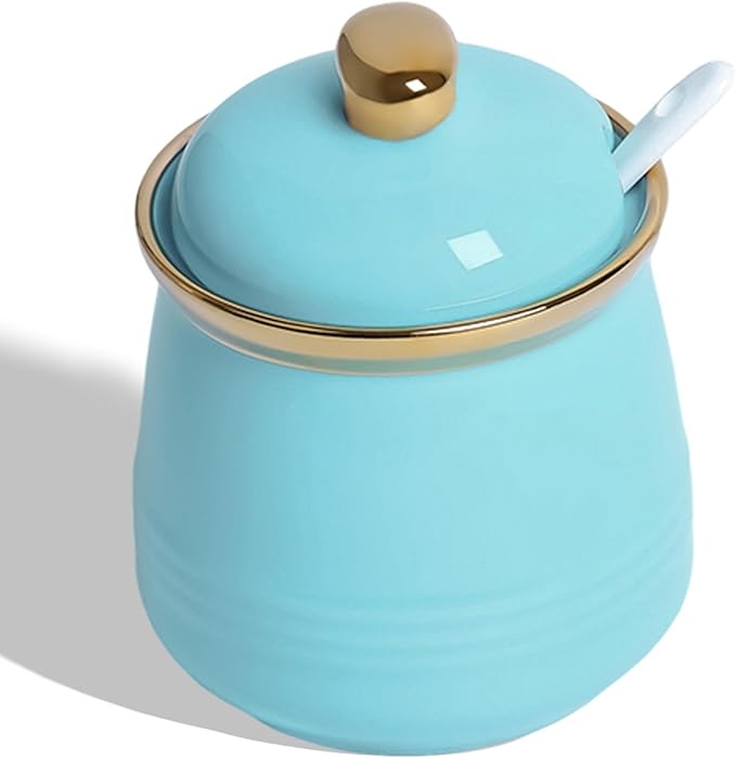 HAOTOP 12oz Sugar Bowl with Lid and Spoon,Simple Ceramic Sugar Jar Sugar Container Sugar Dispenser Coffee Bar Accessories, Modern Kitchen Countertop Canisters, Turquoise