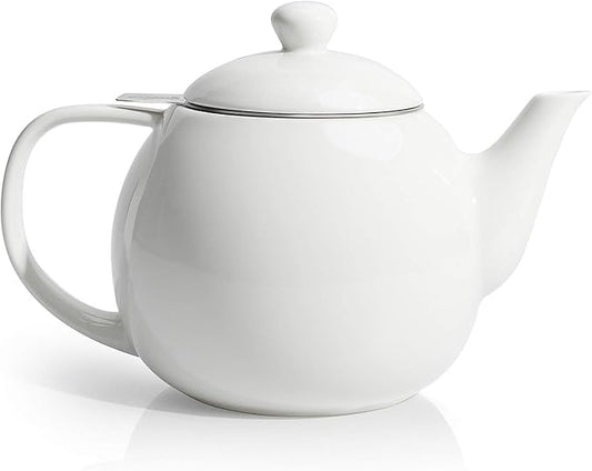 Sweese Teapots for Tea, 27 oz Porcelain Tea pot with Removable Stainless Steel Infuser, Tea Pots for Loose Tea - White