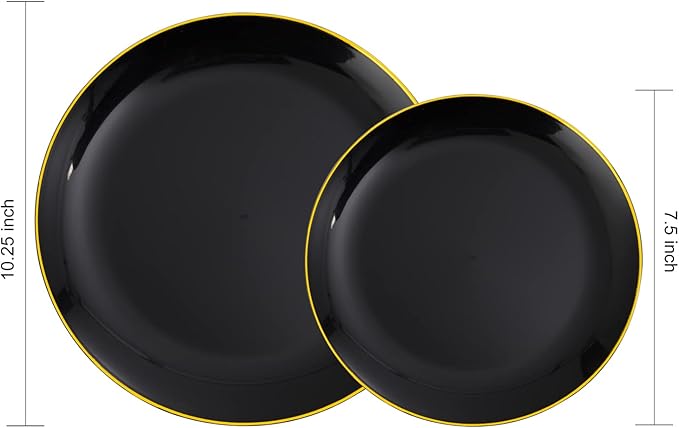 KIRE 60PCS Black Plastic Plates - Black Disposable Plates with Gold Rim for Party/Graduation - Include 30Pcs 10.25inch for Dinner and 30Pcs 7.5inch for Dessert