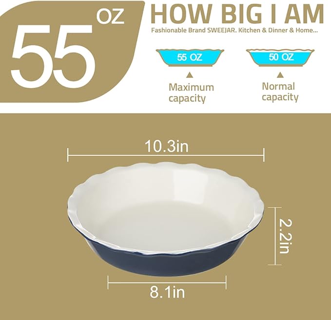 Sweejar Ceramic Pie Pan, 10 Inch Round Baking Dish, Non-Stick with Soft Wave Edge for Apple, Pumpkin, Pot Pies (Green)