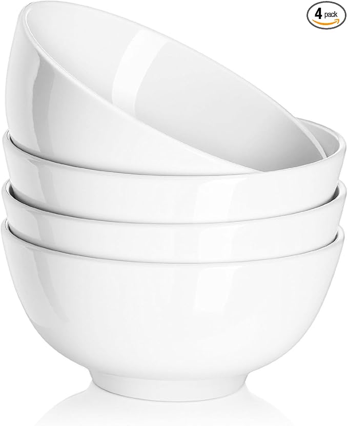 DOWAN 22 OZ White Ceramic Bowls Set of 4 - Perfect for Soup Bowls for Kitchen, Cereal Bowl, Ramen Bowl, Microwave Safe for Oatmeal, Fruit,Salad and Rice Bowl - Dishwasher & Microwave Safe