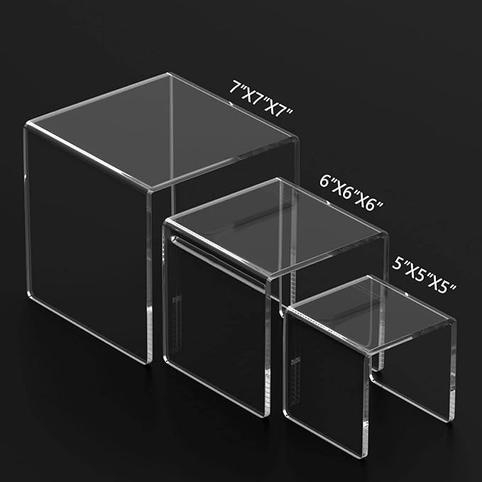 HIIMIEI Clear Acrylic Display Risers 2 Sets, 3-Tier Risers Stands Showcase for Amiibo Funko Pop Figures, Dessert, Jewelry-5"x6"x7"