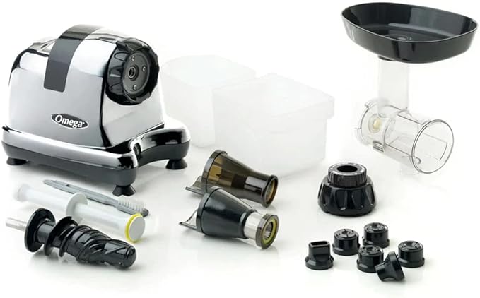 Omega Cold Press Juicer Machine, Vegetable and Fruit Juice Extractor and Nutrition System Makes Nut Milks Baby Food and Sorbets, Triple-Stage 80-RPM Slow Masticating Juicer, 200-Watts, Chrome