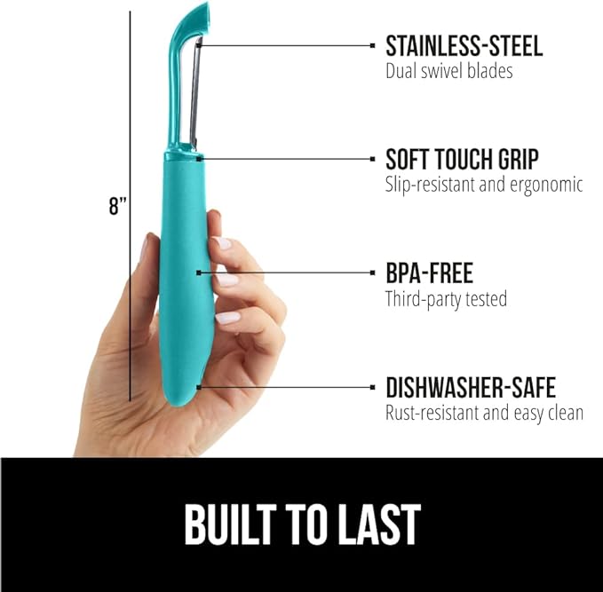 GORILLA GRIP Patented BPA-Free Sharp Stainless Steel Swivel Vegetable Peeler, Comfortable Handle Potato Peelers, Smooth Peeling, Peel Carrots Apple, Includes Blade Cover, Kitchen Tool, Turquoise