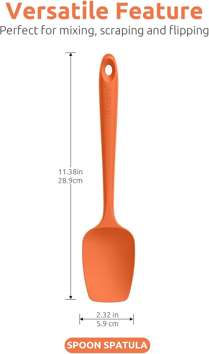 U-Taste Silicone Spoon Spatula Set: 480ºF Heat Resistant Food Grade Flexible Rubber Spoonula, Nonstick Cooking Mixing Scooping Kitchen Baking Scraper Utensils Set of 3 for Pan, Pot, Bowl (Orange)