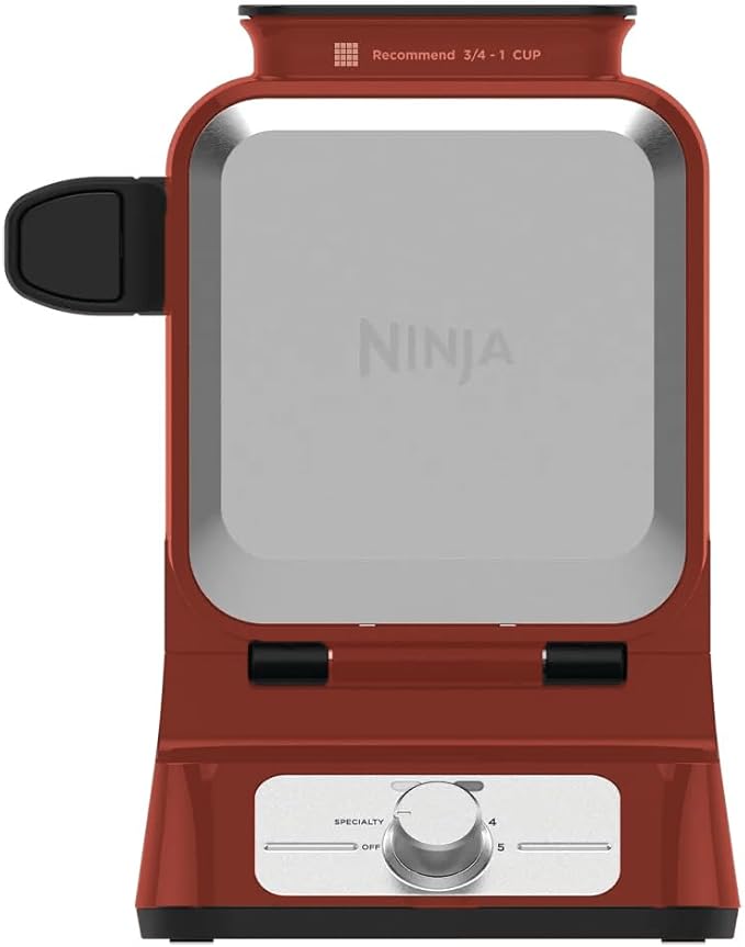 Ninja BW1001 NeverStick PRO Belgian Waffle Maker, Vertical Design, 5 Shade Settings, Precision-Pour Cup NOT Included* (Renewed) (Red)