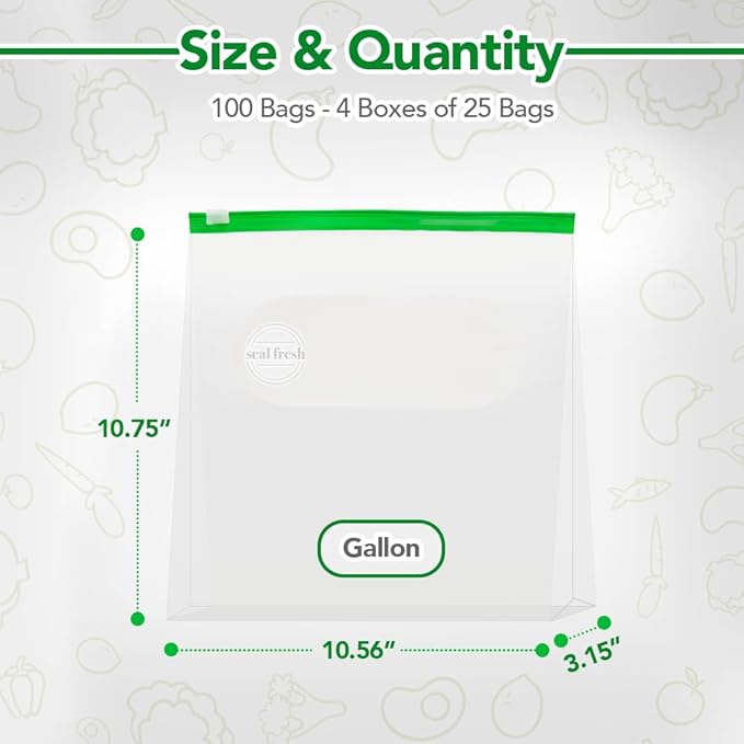 Gallon Slider Storage Bags 100 Pack — Reusable Freezer Bags with Expandable Bottom, BPA Free, Microwave Safe, Clear Gallon Food Storage Bags