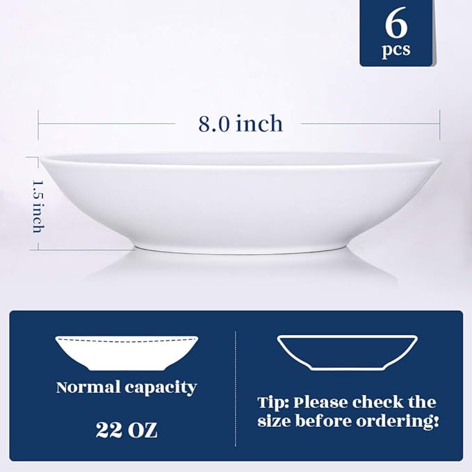 Y YHY 8" Pasta Bowls Set for 6, Porcelain 22oz Salad Bowls Set for Serving Soup, Pasta, Dinner, White Large Kitchen Bowl Plates, Microwave Dishwasher Safe