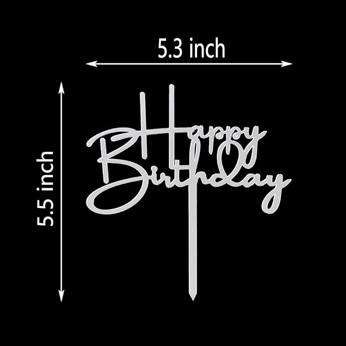 Happy Birthday Cake Topper for Birthday Party Decorations, Mirror Silver Acrylic