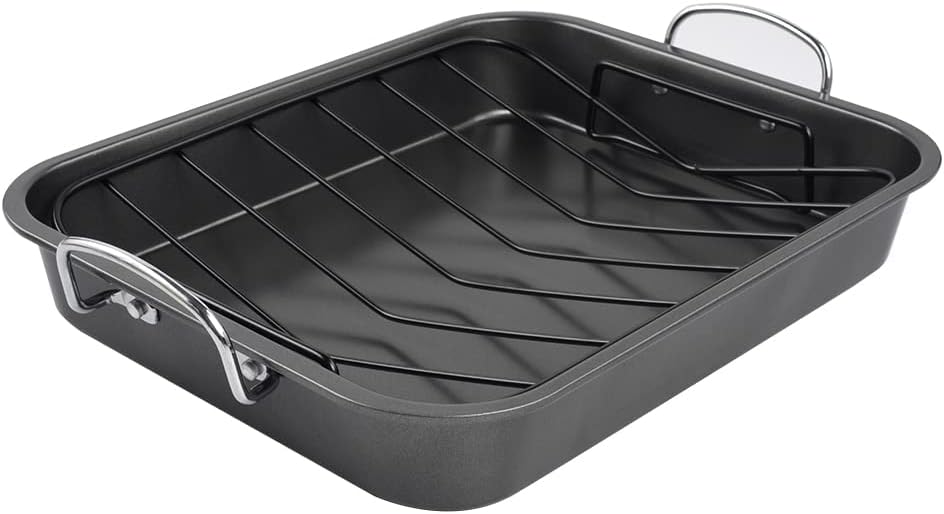 kitCom Nonstick Roasting Pan, Roaster with Rack - 16 Inch Rectangular Grill Suitable for Turkey, Roast Chicken, Ham, Dishwasher Safe (9.5QT)