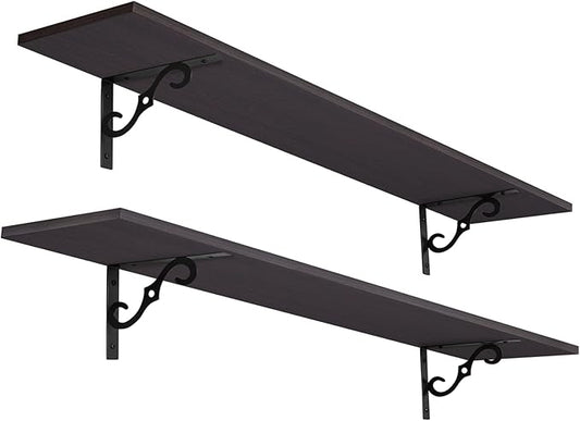 DINZI LVJ Long Wall Shelves, 55.1" Large Floating Shelves Set of 2, Wide Display Shelf Wall Mounted with Brackets, Easy Hanging for Living Room, Toilet, Office, Bedroom, Espresso