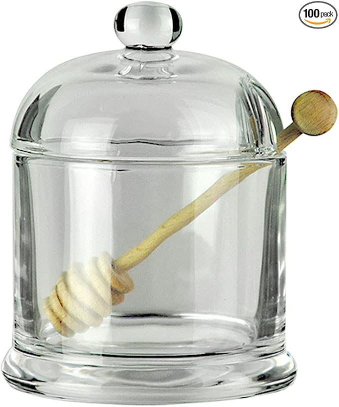 Glass Honey Jar with Wooden Dipper and Glass Lid,Honey Pot Dispenser for Store Honey and Syru,10 Ounces