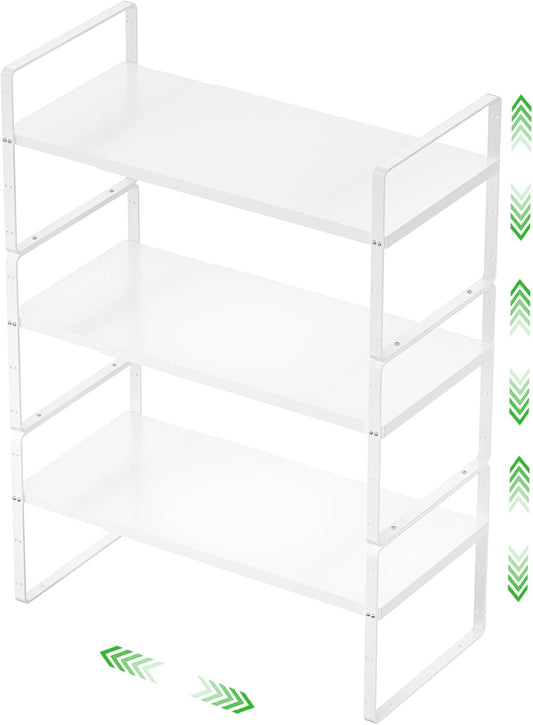 Expandable Cabinet Storage Shelf Stackable Organizer Rack for Kitchen Bathroom Pantry Spice Cupboard Countertop Home Office Desk Heavy Duty Nonslip White Small 3 Pack