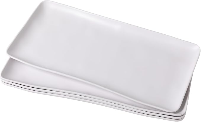 White Melamine Rectangular Serving Platter/Trays, Set of 4, 14” X 7” Fruit Cake Bread Sushi Plate for Party Serving Food, Lightweight and Unbreakable