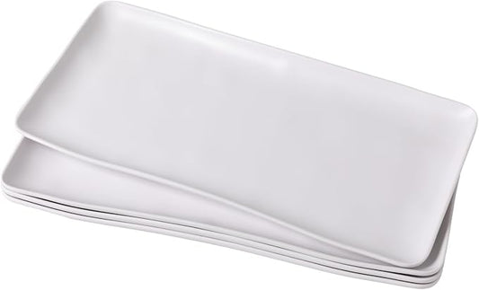 White Melamine Rectangular Serving Platter/Trays, Set of 4, 14” X 7” Fruit Cake Bread Sushi Plate for Party Serving Food, Lightweight and Unbreakable