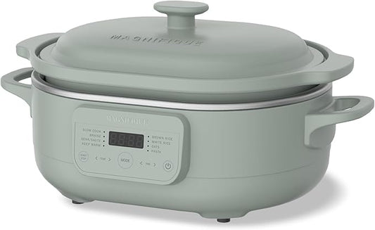 4 Quart Programmable Slow Cooker with Flexible Easy Programming, 8-in-1 Multi-Cooker with Dishwasher Safe Lid & Removable Crock Pot & Wooden Spoon, Nonstick, Oven Safe Pot to 500°F, Olive