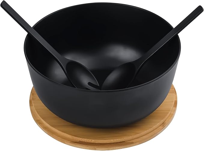 Bamboo Fiber Salad Bowl with Servers Set Large 9.8inches Nature Bamboo Mixing Bowl with Servers with Lid Spoon and Fork for Fruits,Salads and Vegetables