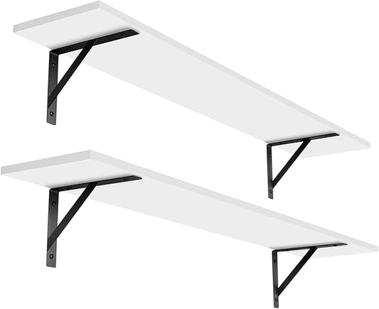 DINZI LVJ Long Wall Shelves, 39.4Inch Wall Mounted Shelves Set of 2, Easy-to-Install, Wall Storage Ledges with Sturdy Metal Brackets for Living Room, Bathroom, Bedroom, Kitchen, White