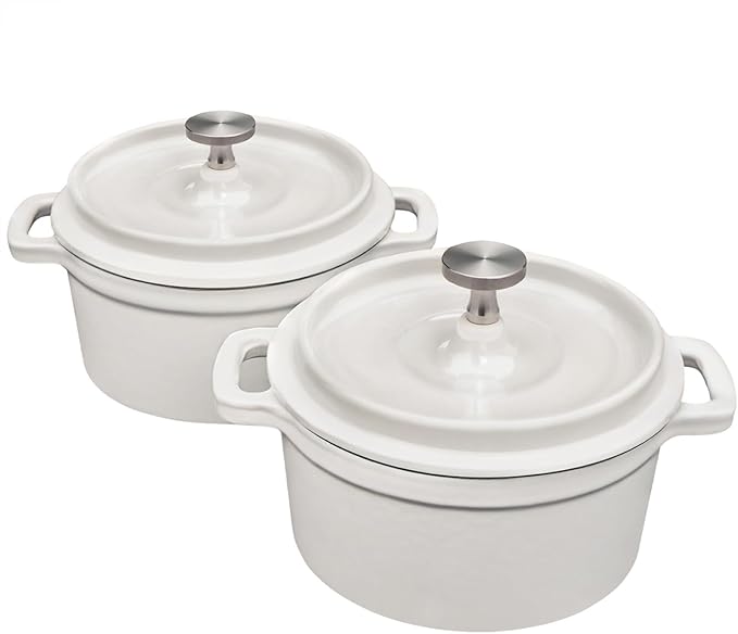 Mini Cocotte 16 oz Mini Dutch Oven 0.5 qt. Cast Iron Garlic Roaster for Oven Garlic Confit Pot Ramekins with Lids Oven Safe Set of 2, White