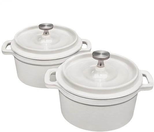 Mini Cocotte 16 oz Mini Dutch Oven 0.5 qt. Cast Iron Garlic Roaster for Oven Garlic Confit Pot Ramekins with Lids Oven Safe Set of 2, White