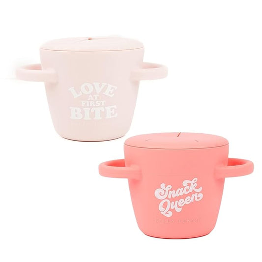Snack Cups for Toddlers by Bella Tunno, Set of 2 Silicone Spill Proof Food Containers with Lids, Babies & Kids 6-12 Months, Love First Bite & Snack Queen