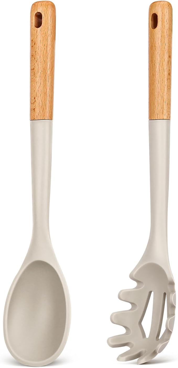 Silicone Pasta Fork And Cooking Spoon, Kitchen Heat Resistant Noodle Spoon Server, BPA Free Spaghetti Strainer,12.8 inch