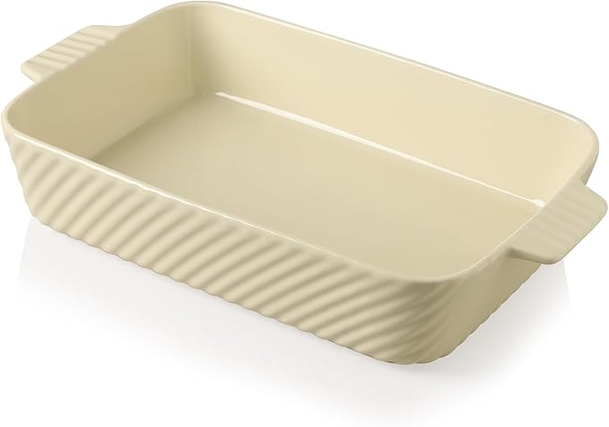 Sweejar Ceramic 13 x 9 Baking Pan, Cake Baking Dish for Brownie, Porcelain Striped Casserole Dishes for Oven with Handle for Lasagna, Family Dinner(Beige)