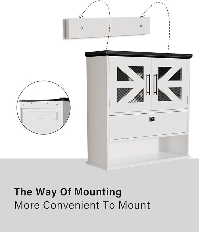 Wall Mounted Bathroom Cabinet with Double Doors, Flip-Down Storage and Open Shelf, Modern White Finish, Over-The-Toilet Space Saver Cabinet