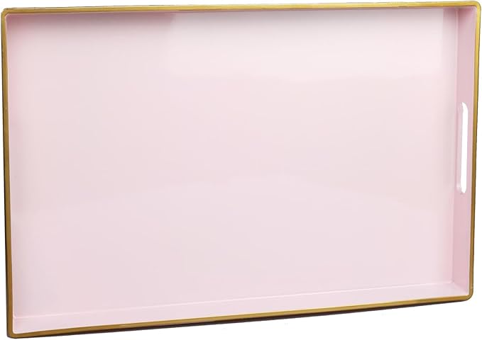 Spsyrine Pink Decorative Serving Tray with Handles, Elegant Plastic Coffee Table Tray for Ottoman, Living Room, Home Decor 15.6" X 10.2"