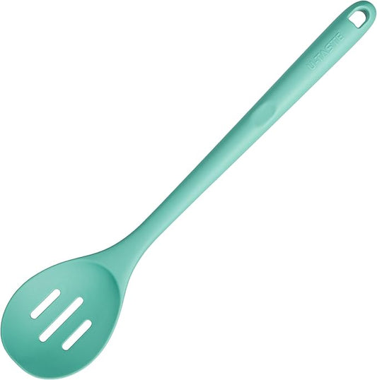 13.3" Slotted Cooking Spoon: U-Taste 600ºF Heat Resistant Kitchen Mixing Spoon, Food Grade Nonstick Long and Large Rubber Soup Utensil for Serving, Stirring, Basting, for Pot Cookware (Aqua Sky)