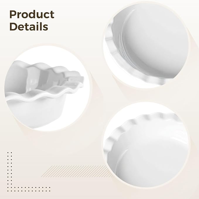 Homaisson Ceramic Pie Pans for Baking, 9.8 in Round Pie Dishes with Fluted Edges, Round Baking Dish, for Apple, Quiche, Pot Pies, Tart, Set of 2, White