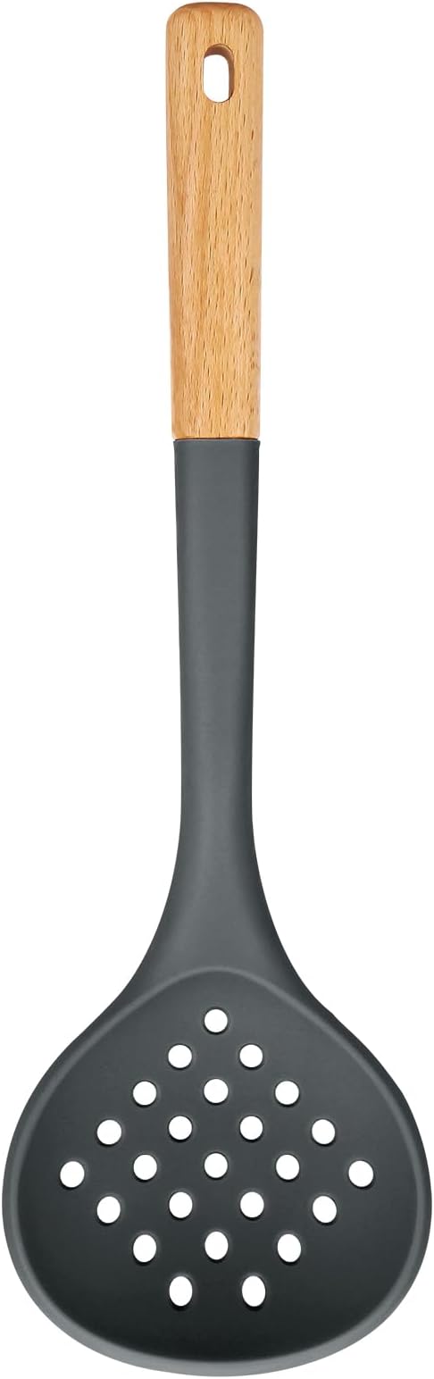 Kitchen Ladle Strainer, Large Slotted Spoon with High Heat Resistant BPA Free, Non Stick Cooking Skimmers For Draining & Frying, 13.2inch (Grey)