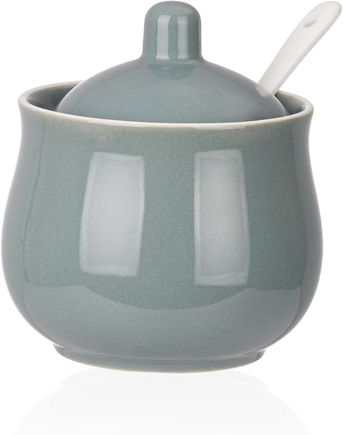 Ceramic Sugar Bowl with Lid and Spoon, Grey Porcelain Sugar Salt Pepper Storage Jar, 8 Ounces