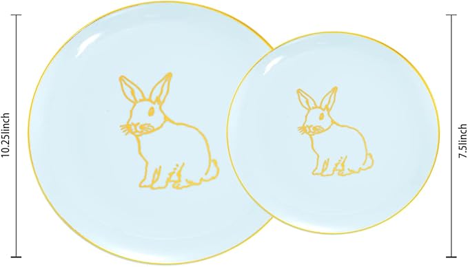 KIRE 60 Pieces Easter plates with Gold Bunny-Mint Green Plastic Plates include 30Pieces 10.25inch Dinner Bunny and 30Pieces 7.5inch Green Dessert/Salad Plates for Easter Day