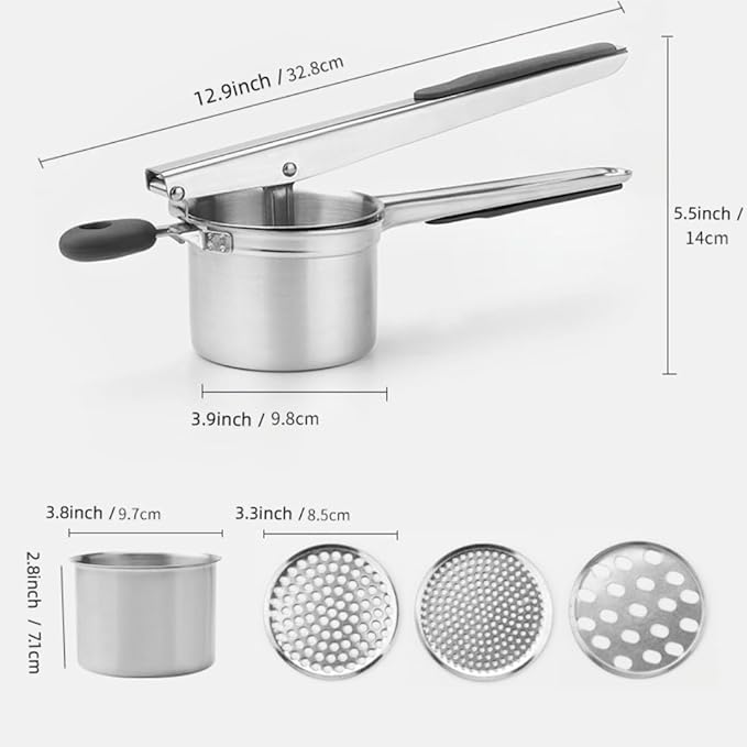 Potato Ricer with 3 Interchangeable Discs, Large 15oz Heavy Duty Potato Ricer Stainless Steel Make Potato Masher and Ricer Kitchen Tool Ricer For Mashed Potatoes
