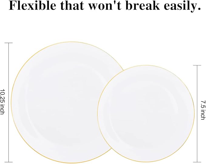 KIRE 100PCS Disposable Plates - White with Gold Rim for Party/Wedding - Includes 50Pieces 10.25inch Dinner and 50Pieces 7.5inch Dessert/Salad Plates