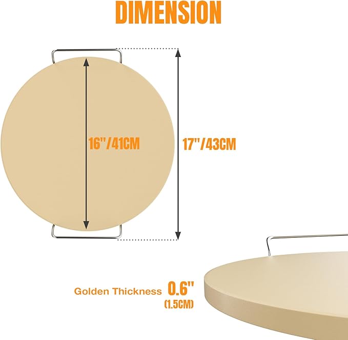 Round Pizza Stone for Grill 16 inch with Handles - Heavy Duty Cordierite Pizza Stone for Oven -Thermal Shock Resistant Baking Stone, Includes Metal Rack & Scraper