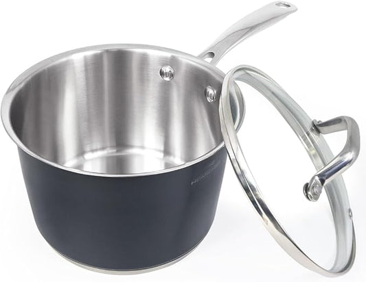 HOMICHEF Matte Polished NICKEL FREE Stainless Steel 2.5 QT Sauce Pan with Glass Lid (No Toxic Non Stick Coating) - Navy Gray Non Toxic Stainless Steel Induction Saucepan with Lid