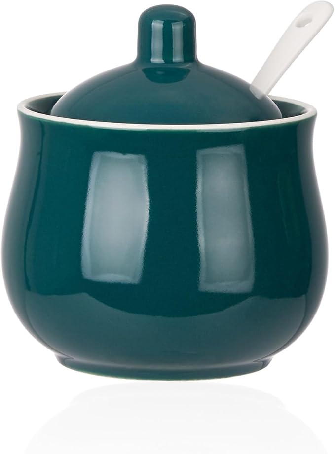 Ceramic Sugar Bowl with Lid and Spoon, Green Porcelain Sugar Salt Pepper Storage Jar, 8 Ounces