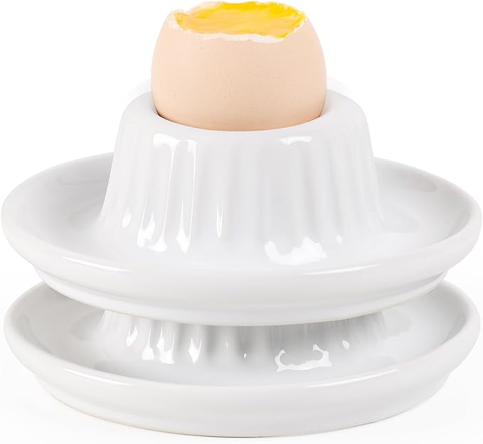 INGOFIN 2 Pcs Ceramic Egg Cups, Soft Boiled Egg Holders Set, Classic Porcelain Stackable, Easy to Clean Tray, Decorative Serving Dish for Breakfast, Easter or Kitchen, White