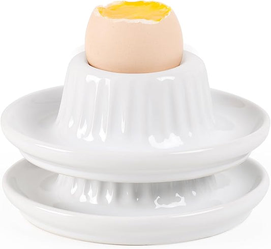 INGOFIN 2 Pcs Ceramic Egg Cups, Soft Boiled Egg Holders Set, Classic Porcelain Stackable, Easy to Clean Tray, Decorative Serving Dish for Breakfast, Easter or Kitchen, White