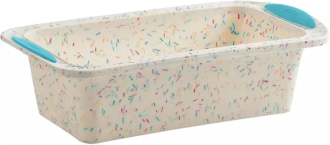 Trudeau Structure Silicone Loaf Pan with Steel Rim, 8.5 x 4.5, Nonstick Bakeware, White Confetti with Blue Base, BPA-Free, Oven Safe to 428°F, Dishwasher Safe