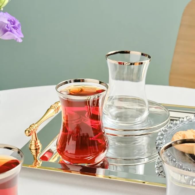KARACA Sydney Elegant Tea Glass Set of 6 - (12 Piece) Clear Turkish Tea Cup Glasses and Saucers, 5.4 fl oz Curved Design Drinkware Cups, Dishwasher Safe, Platinum